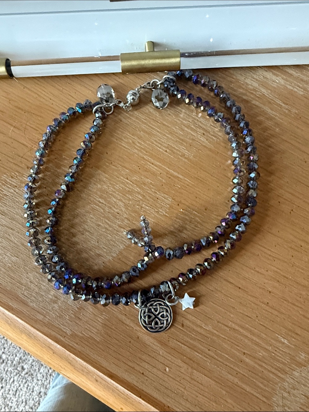 Multi-Strand Iridescent Beaded Women’s Bracelet with Celtic Charm